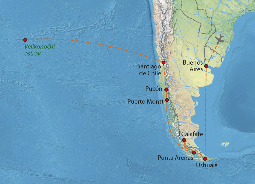 Mapa trasy zájezdu Až na konec světa pohodově, poušť Atacama a Velikonoční ostrov