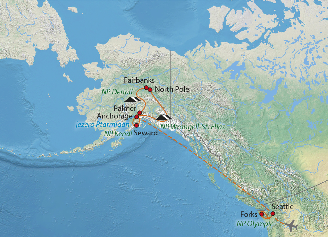 Mapa trasy zájezdu Divoká Aljaška