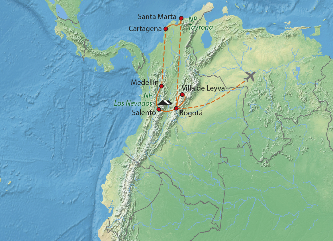 Mapa trasy zájezdu Kolumbie neznámá a Ztracené město