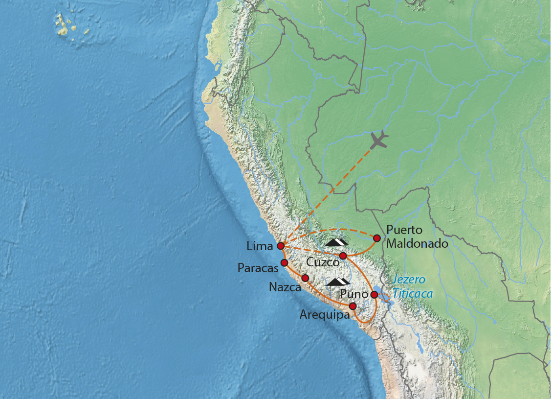 Mapa trasy zájezdu Peru pro každého s Amazonií