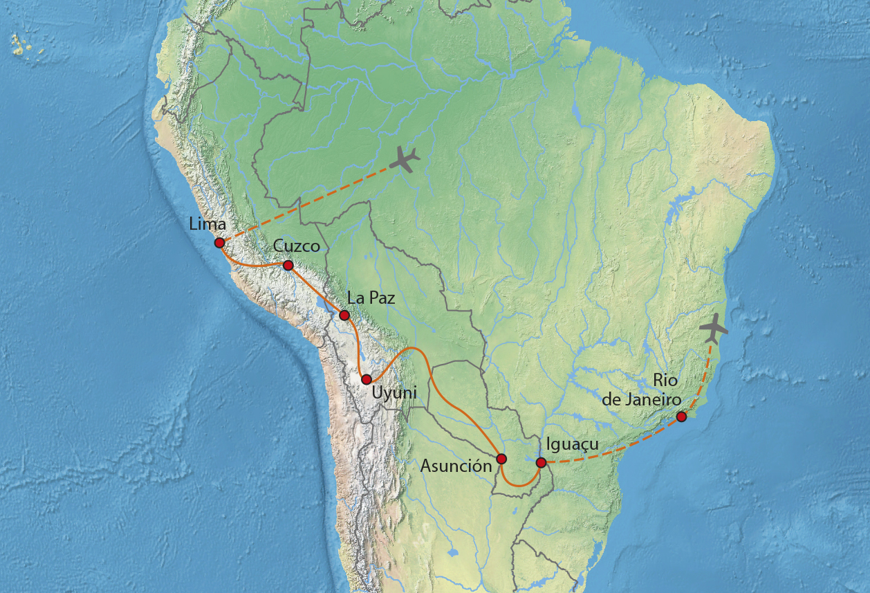 Mapa trasy zájezdu Velká cesta Jižní Amerikou