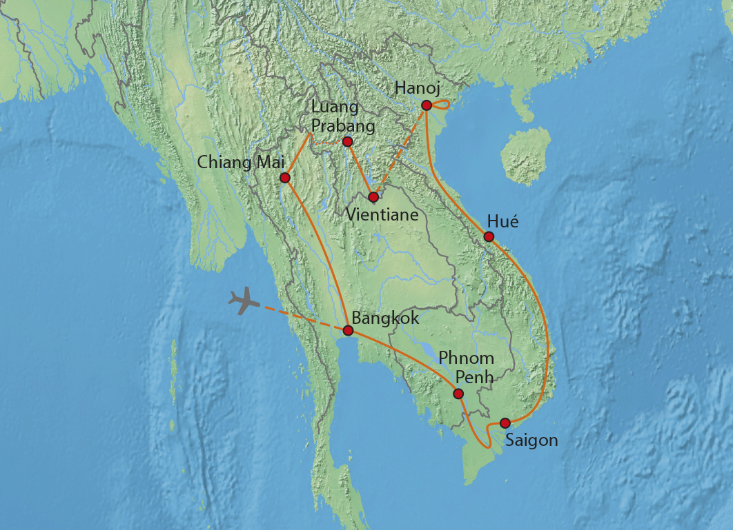 Mapa trasy zájezdu Francouzskou Indočínou