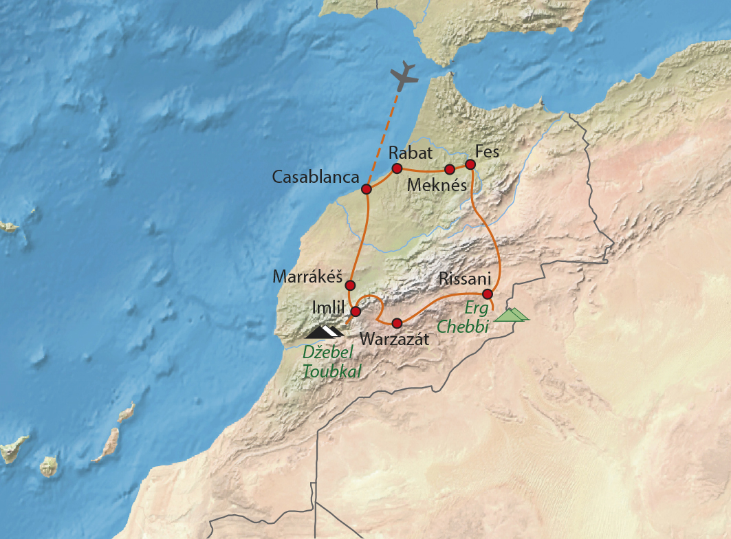Mapa trasy zájezdu Ve stínu Atlasu II