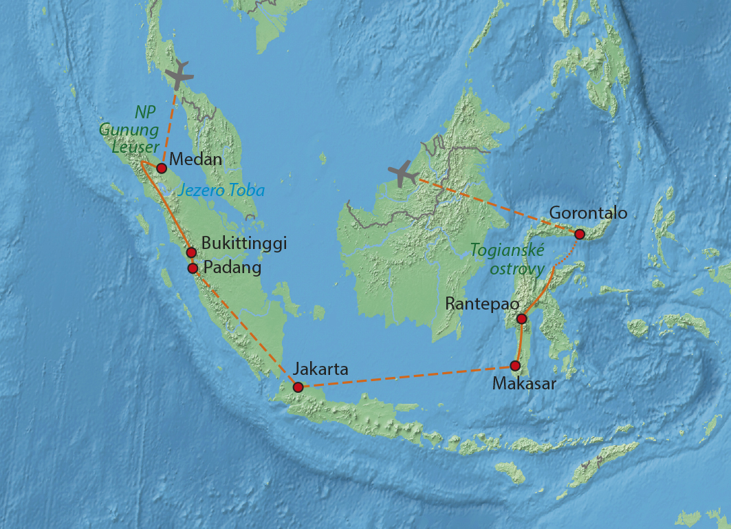 Mapa trasy zájezdu Za orangutany a lidojedy