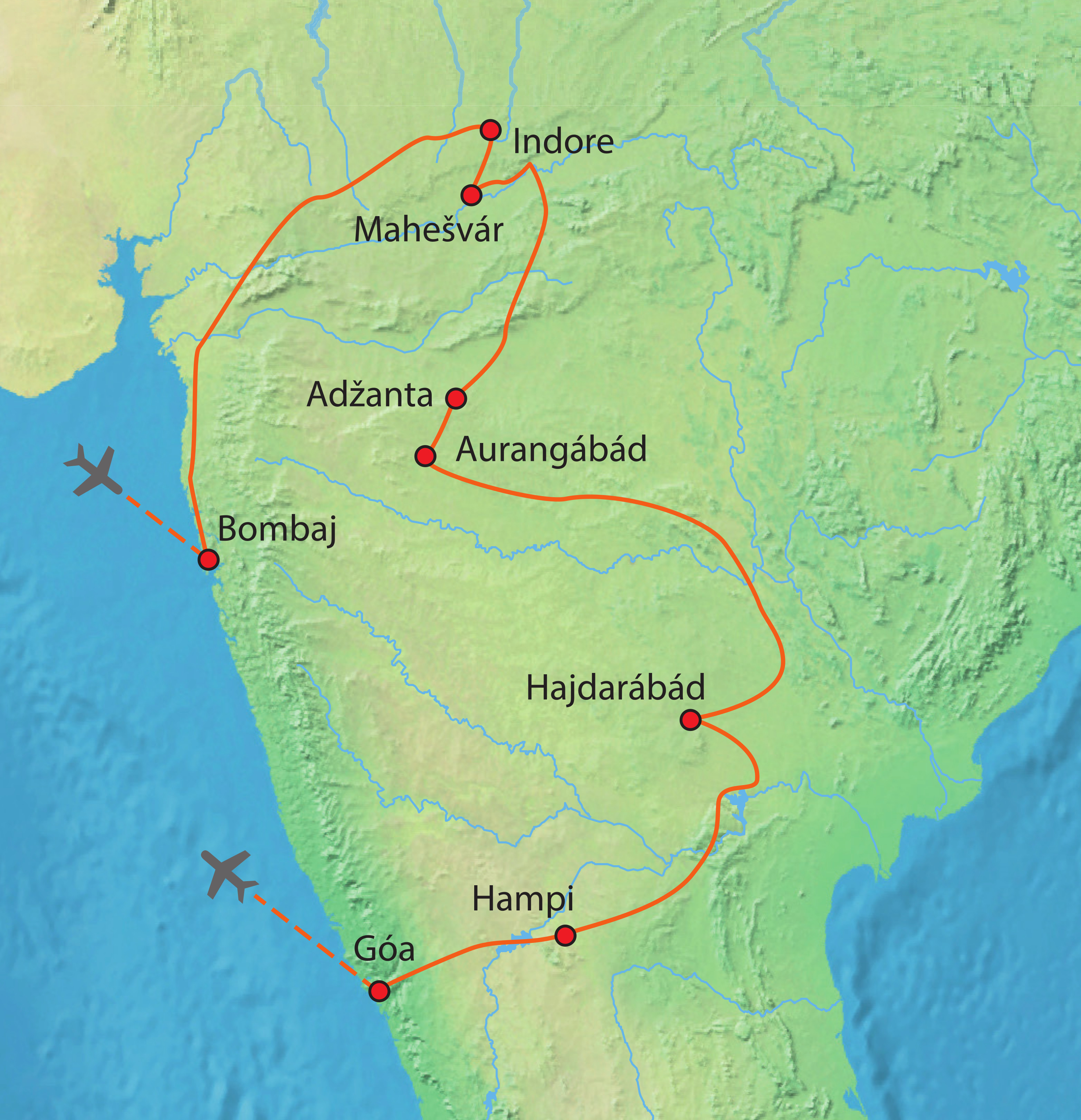 Mapa trasy zájezdu Skryté poklady střední Indie