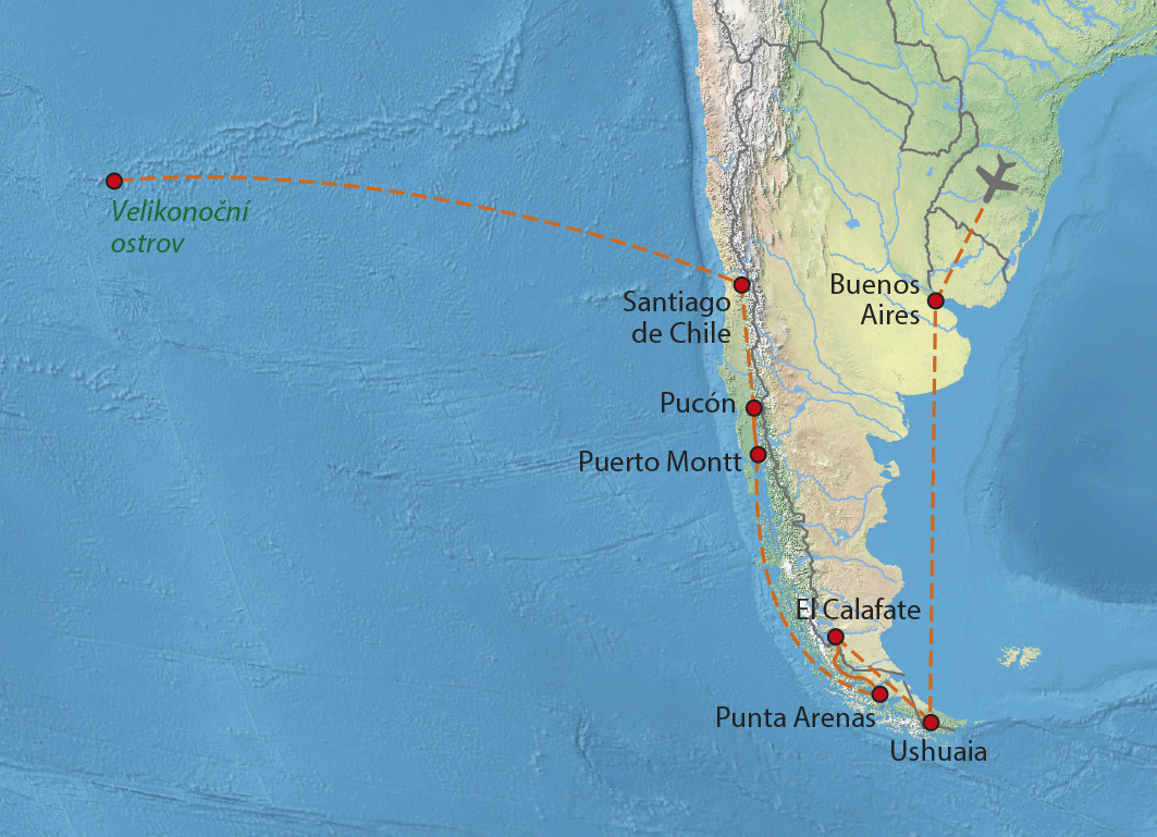 Mapa trasy zájezdu Až na konec světa pohodově + Velikonoční ostrov