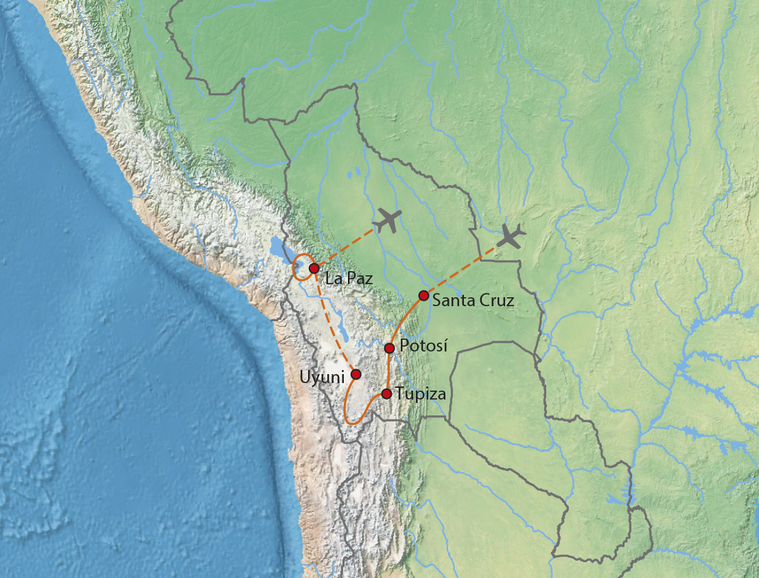 Mapa trasy zájezdu Bolívií - pralesem i pouští