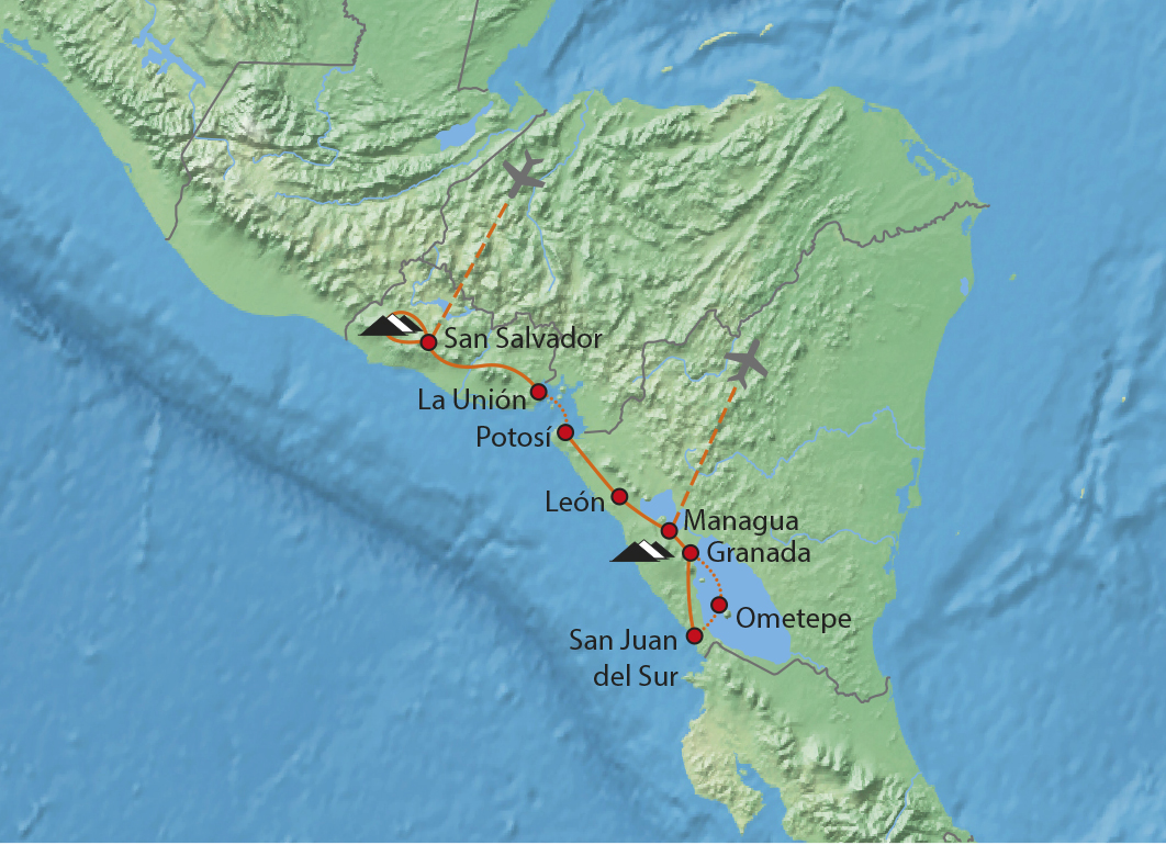 Mapa trasy zájezdu Cesta do Salvadoru a Nikaraguy