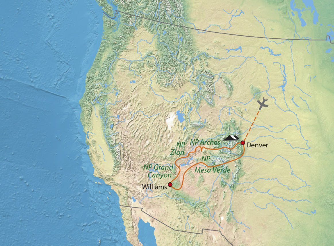 Mapa trasy zájezdu Divokým západem