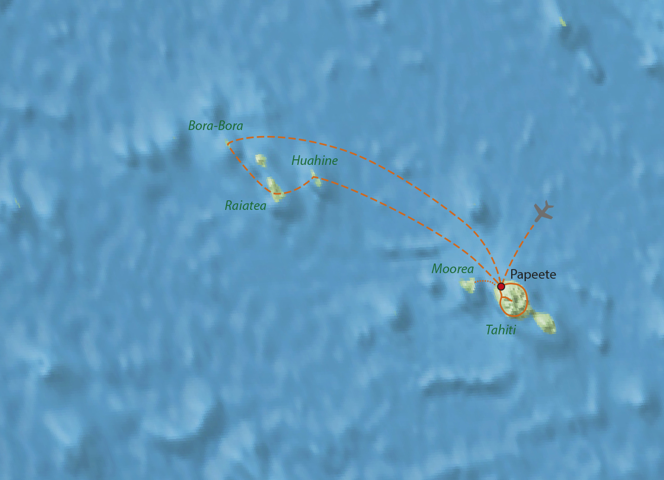 Mapa trasy zájezdu Francouzskou Polynésií