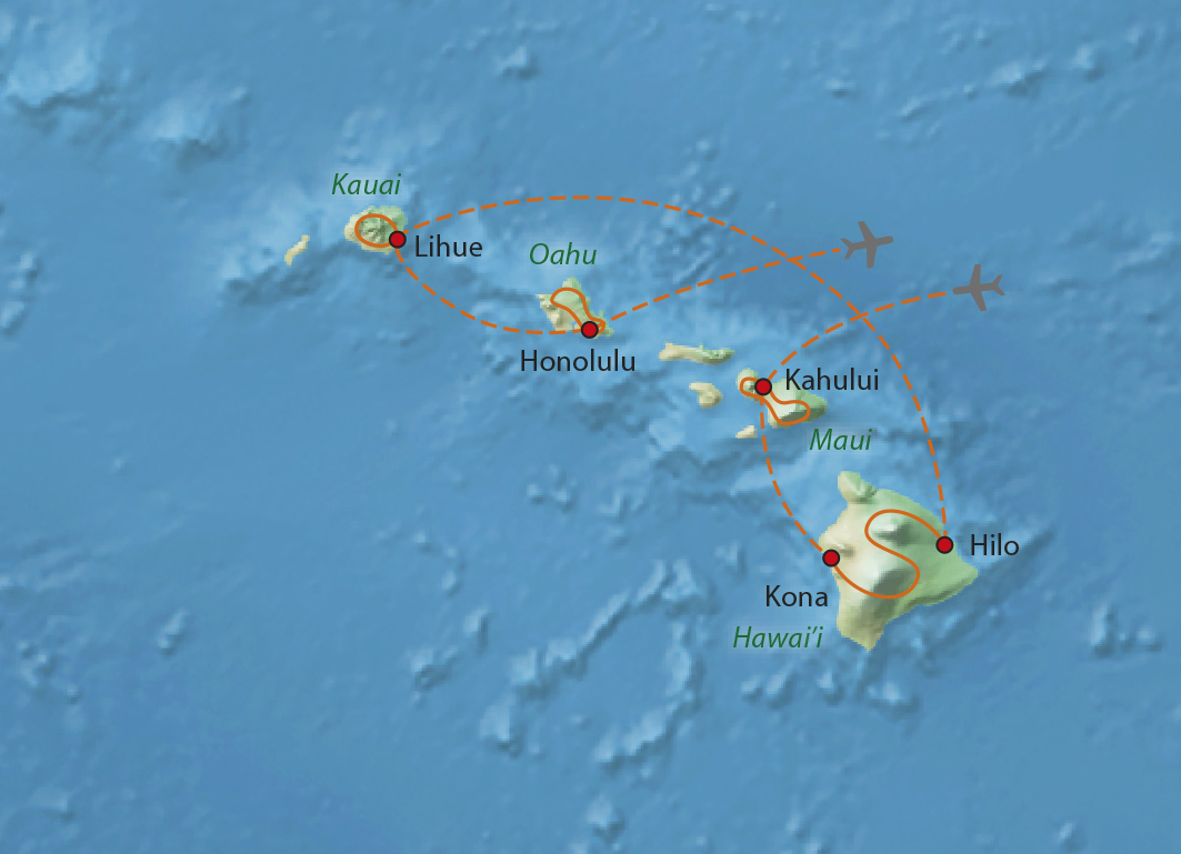 Mapa trasy zájezdu Havajské ostrovy