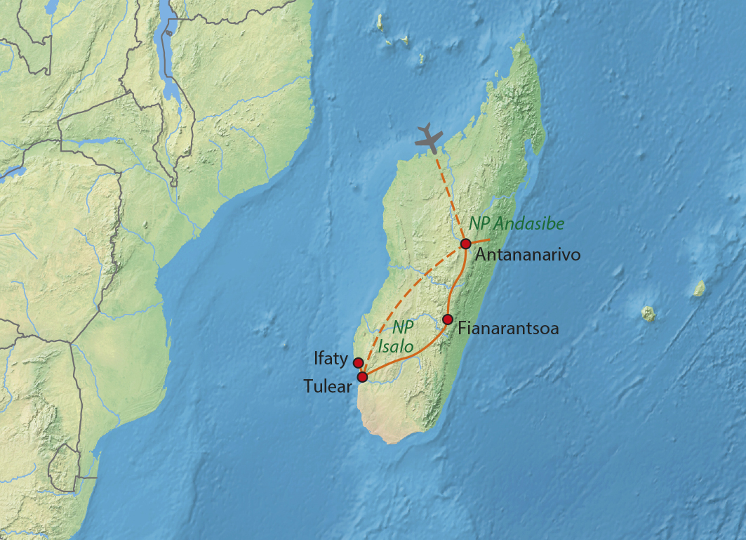 Mapa trasy zájezdu Nepoznané krásy Madagaskaru