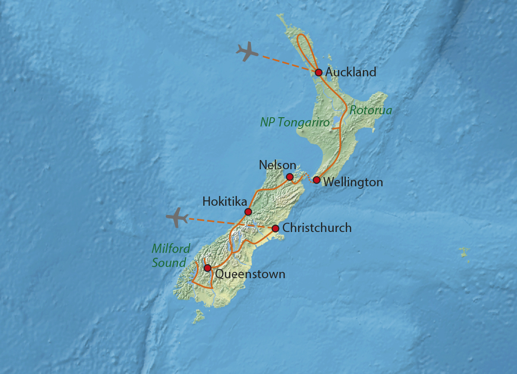 Mapa trasy zájezdu Nový Zéland komfortněji