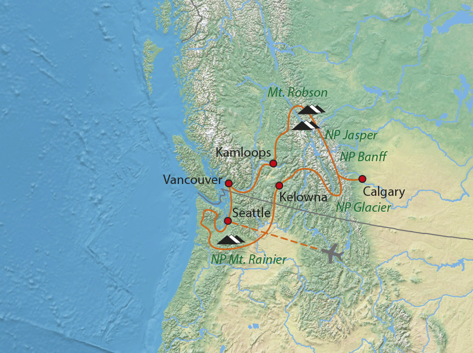 Mapa trasy zájezdu NP západu Kanady a USA