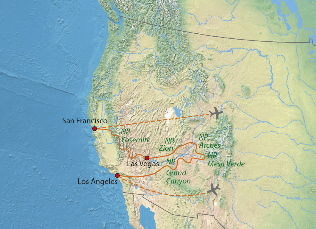 Mapa trasy zájezdu NP západu USA s lehkou turistikou