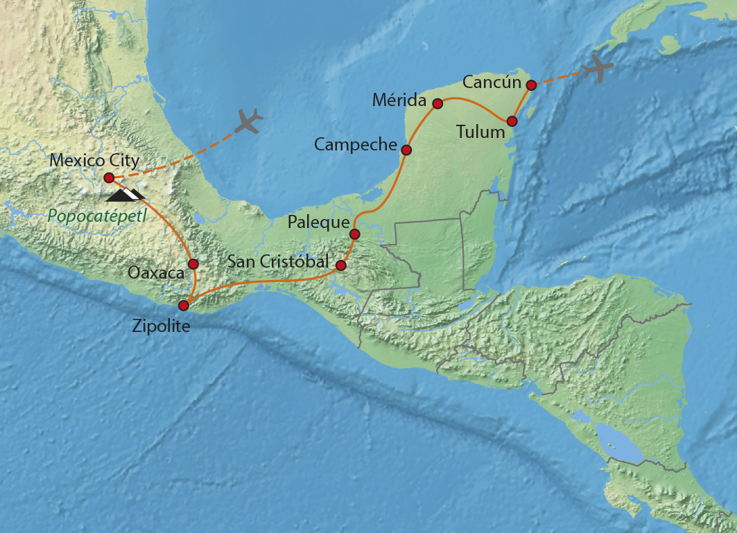 Mapa trasy zájezdu Okruh Mexikem