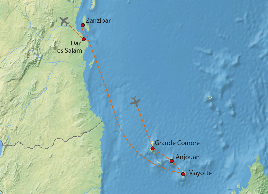 Mapa trasy zájezdu Panenské ostrovy východní Afriky