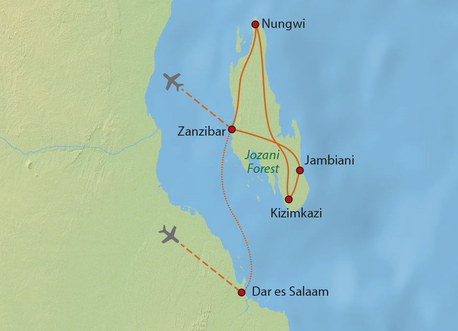 Mapa trasy zájezdu Zanzibar zakázka