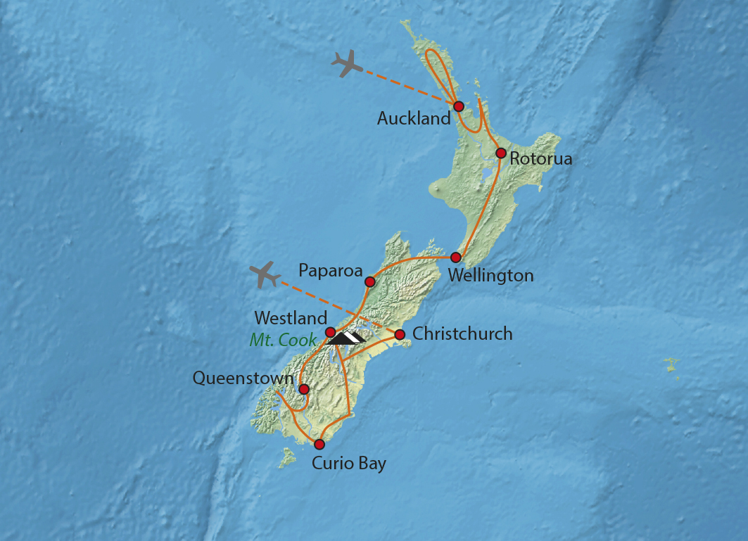 Mapa trasy zájezdu Příroda a hory Nového Zélandu