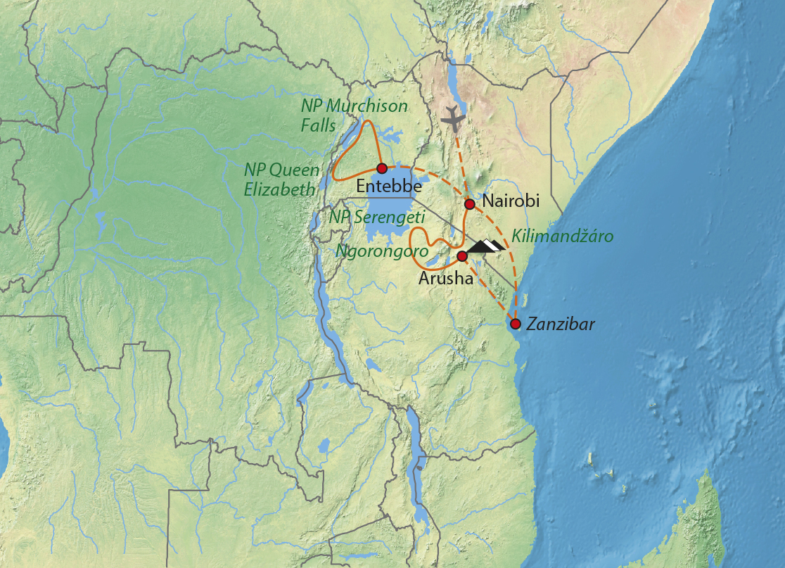 Mapa trasy zájezdu Příroda východní Afriky + Uganda
