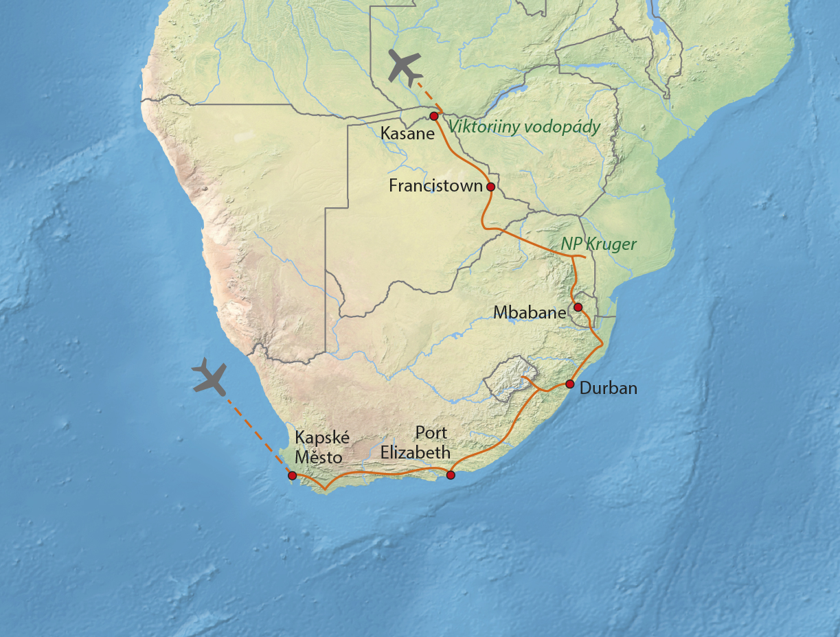 Mapa trasy zájezdu Přírodní skvosty jižní Afriky