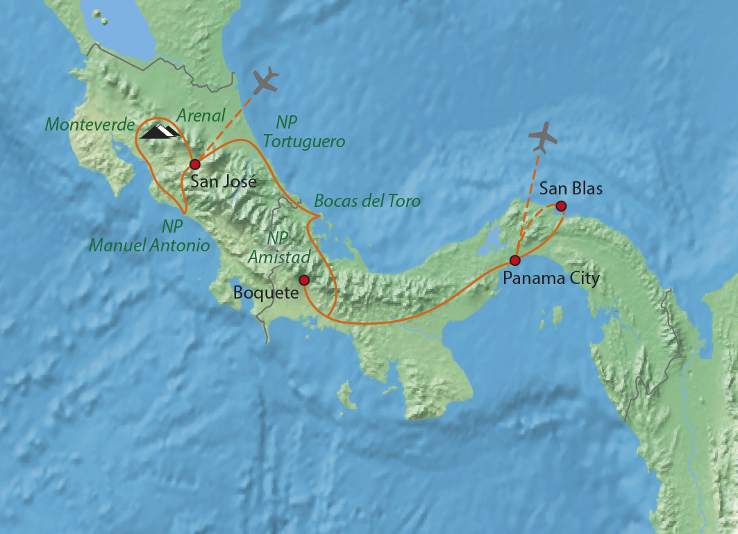Mapa trasy zájezdu Přírodní šperky Kostariky a Panamy
