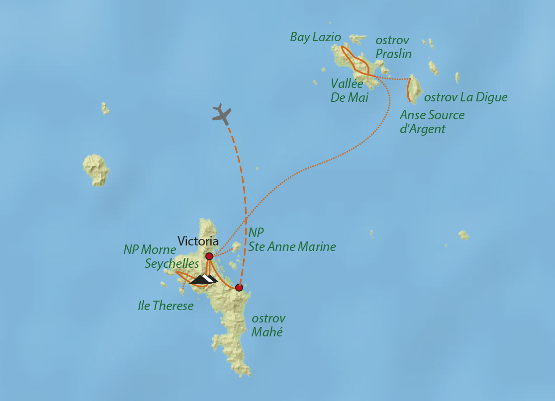Mapa trasy zájezdu Seychely - neobjevený ráj na zemi