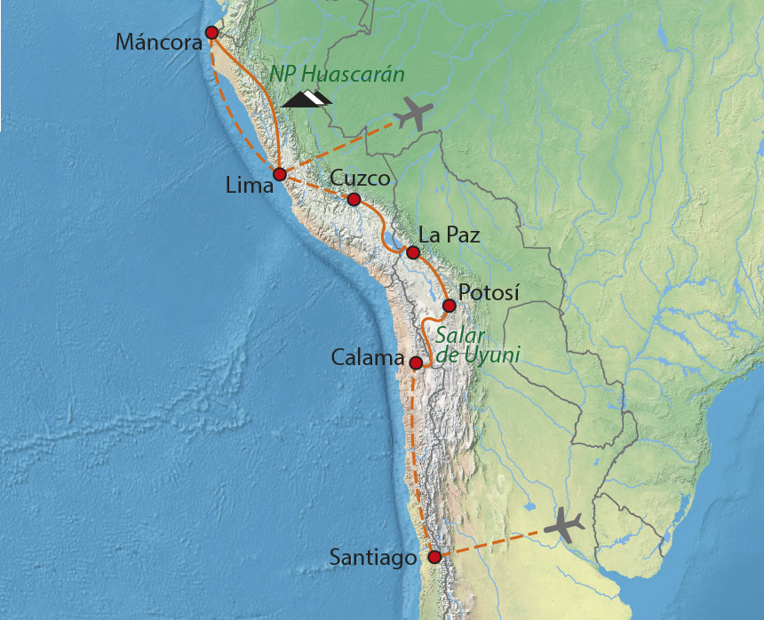 Mapa trasy zájezdu Velká cesta Andami