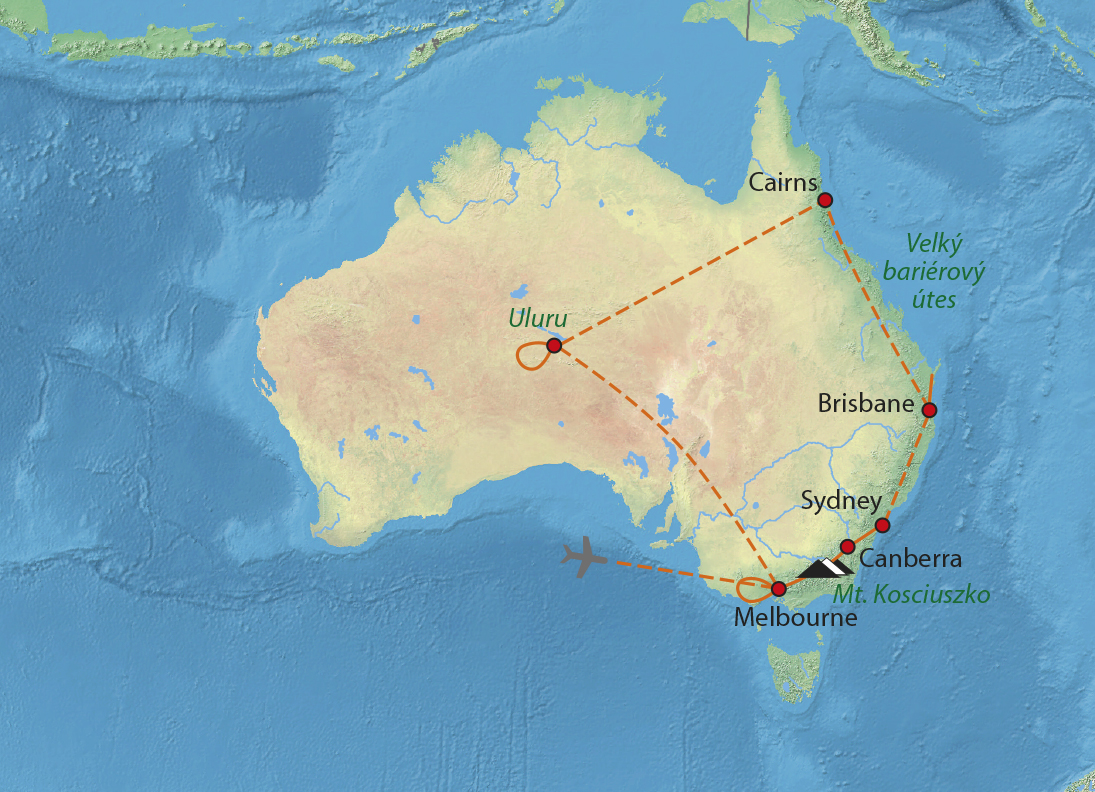 Mapa trasy zájezdu Velká cesta Austrálií