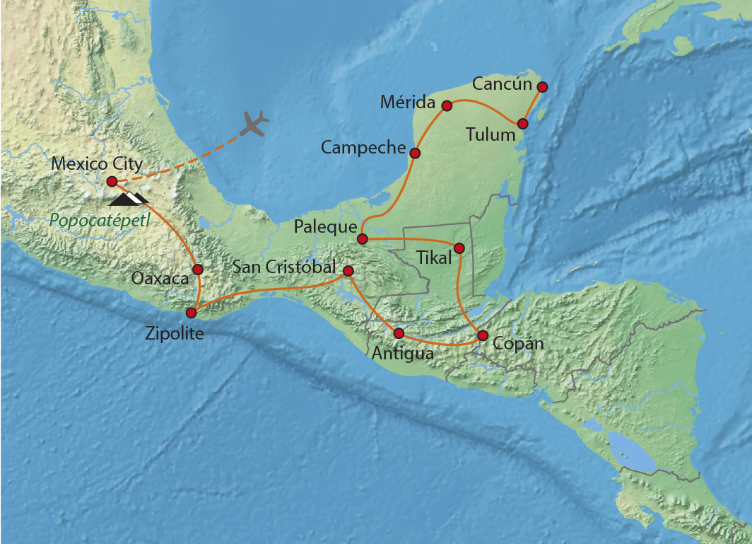 Mapa trasy zájezdu Velká mayská cesta
