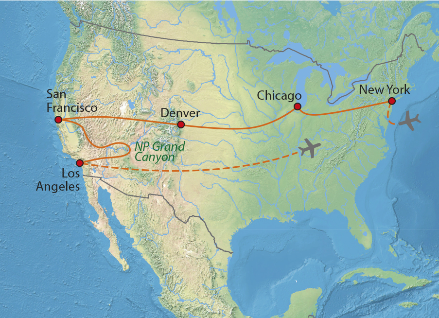 Mapa trasy zájezdu Vlakem napříč USA
