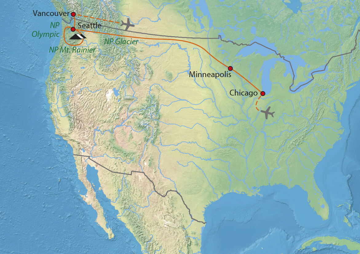 Mapa trasy zájezdu Z Chicaga do Vancouveru