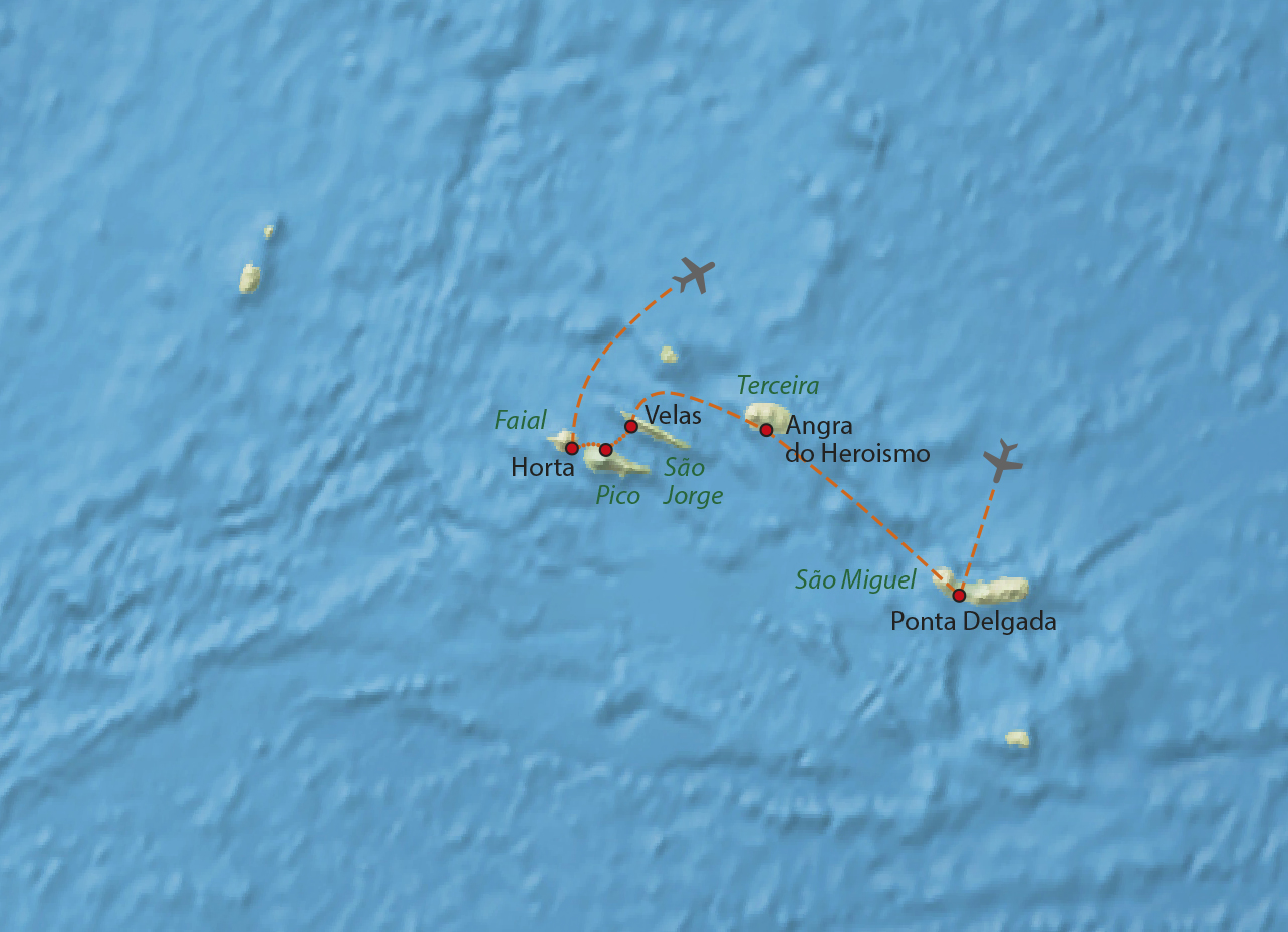 Mapa trasy zájezdu Azory - ostrovy uprostřed Atlantiku
