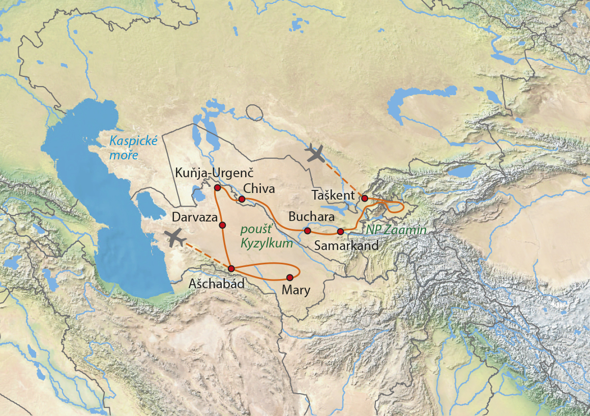 Mapa trasy zájezdu Červenou a černou pouští