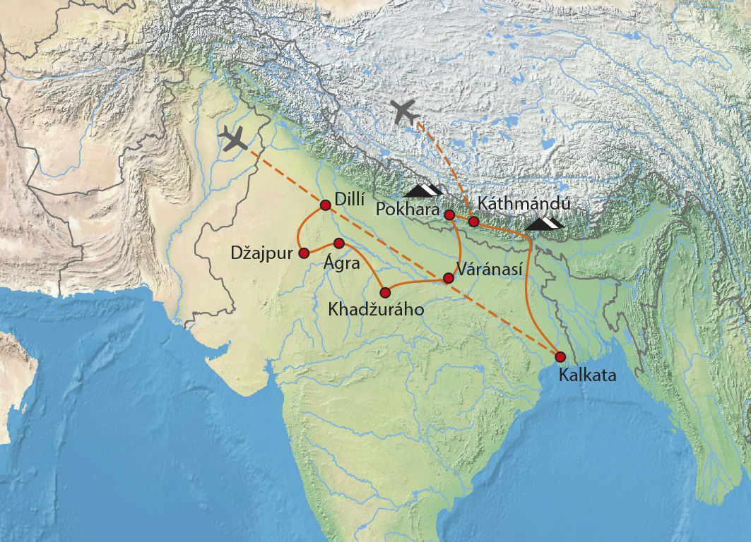 Mapa trasy zájezdu Cesta do Indie a Nepálu - letní verze
