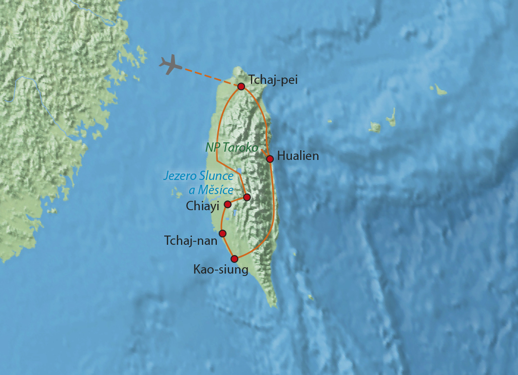 Mapa trasy zájezdu Formosa - krásný ostrov Tchaj-wan