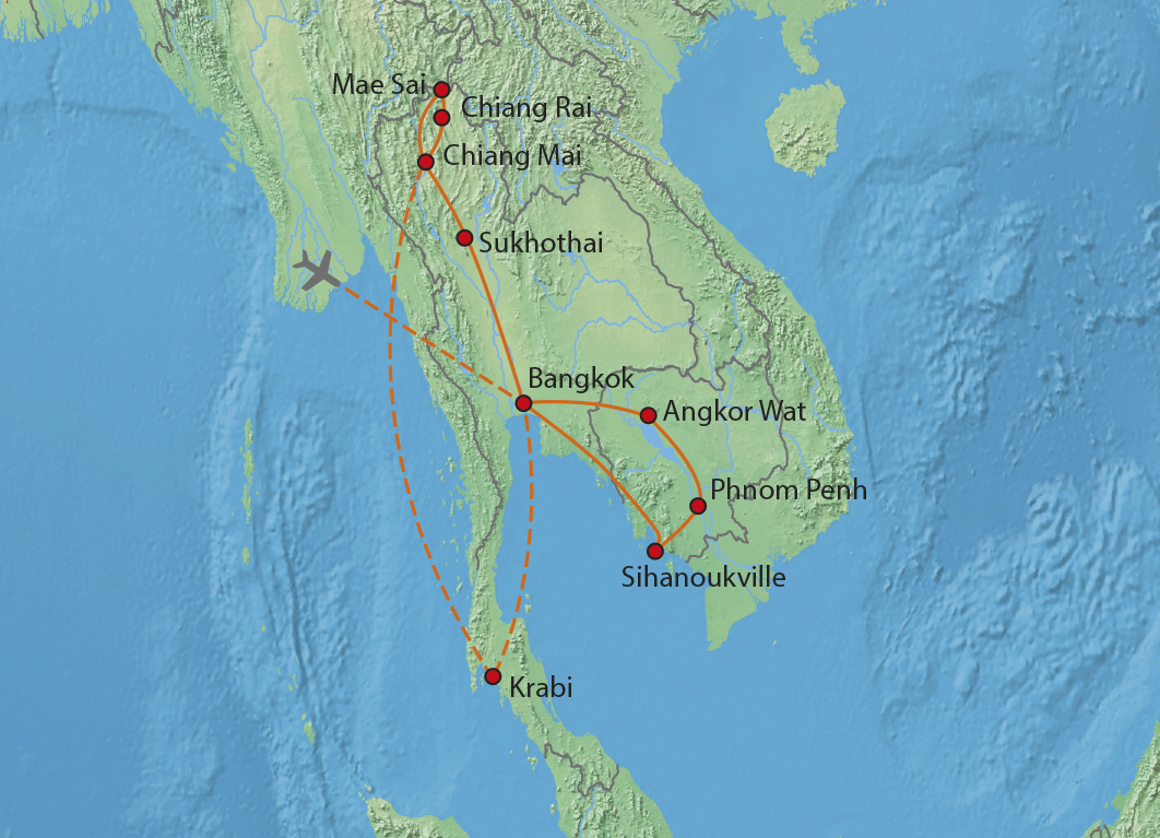 Mapa trasy zájezdu Hory a moře Thajska + Kambodža