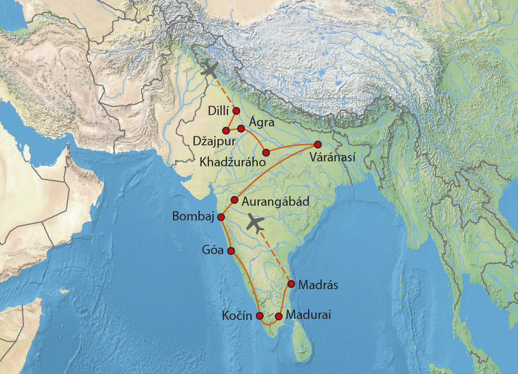 Mapa trasy zájezdu Indií od severu na jih + Kérala  a Tamilnádu
