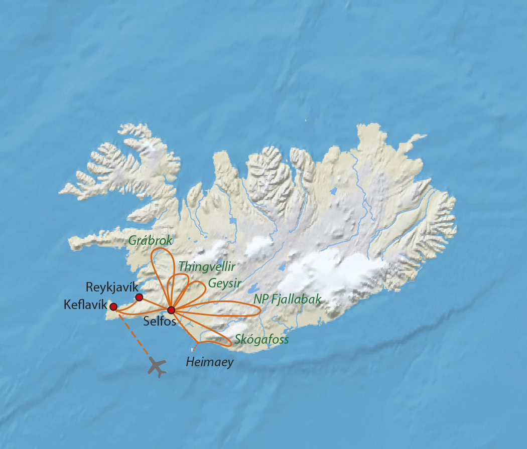 Mapa trasy zájezdu Island s lehkou turistikou chata
