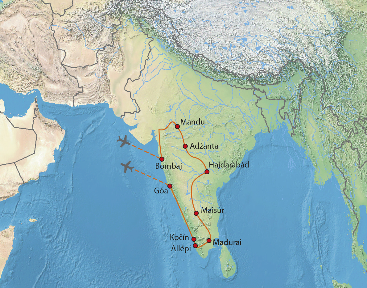 Mapa trasy zájezdu Jižní Indie