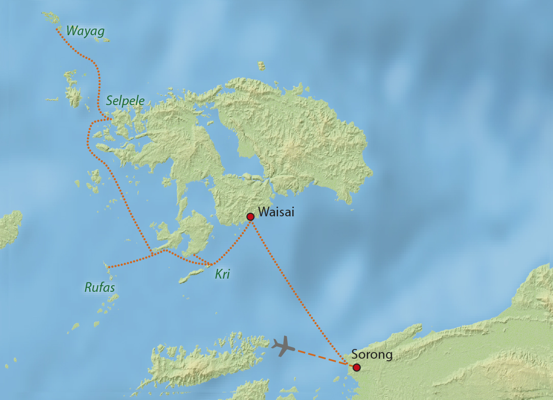 Mapa trasy zájezdu Korálový ráj Raja Ampat