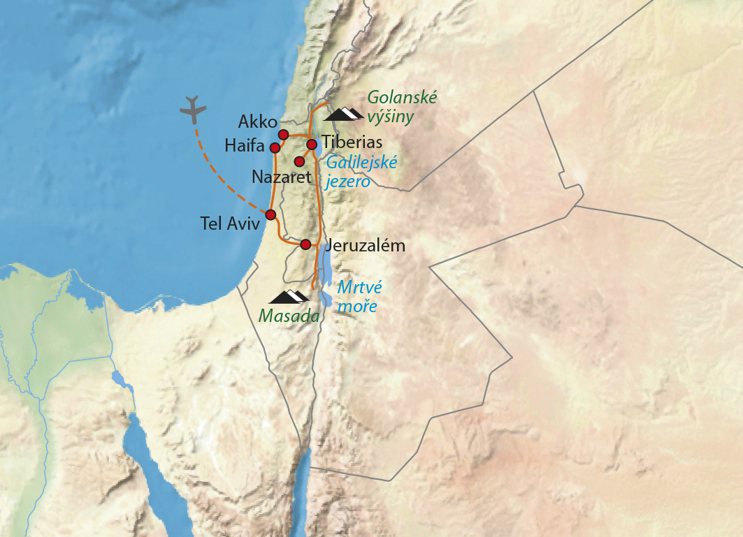 Mapa trasy zájezdu Krásy Izraele s prodloužením a možností výletu do Petry