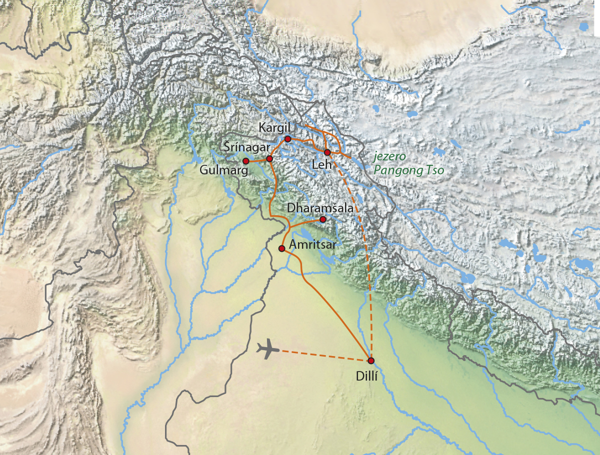 Mapa trasy zájezdu Ladakh a Kašmír