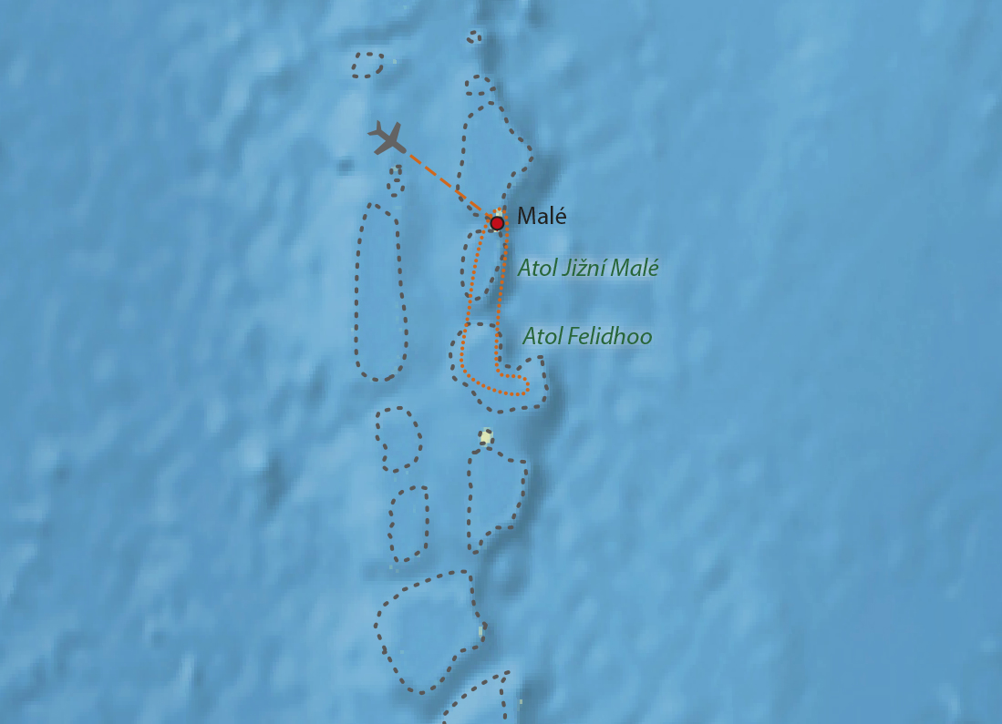 Mapa trasy zájezdu Maledivy jinak