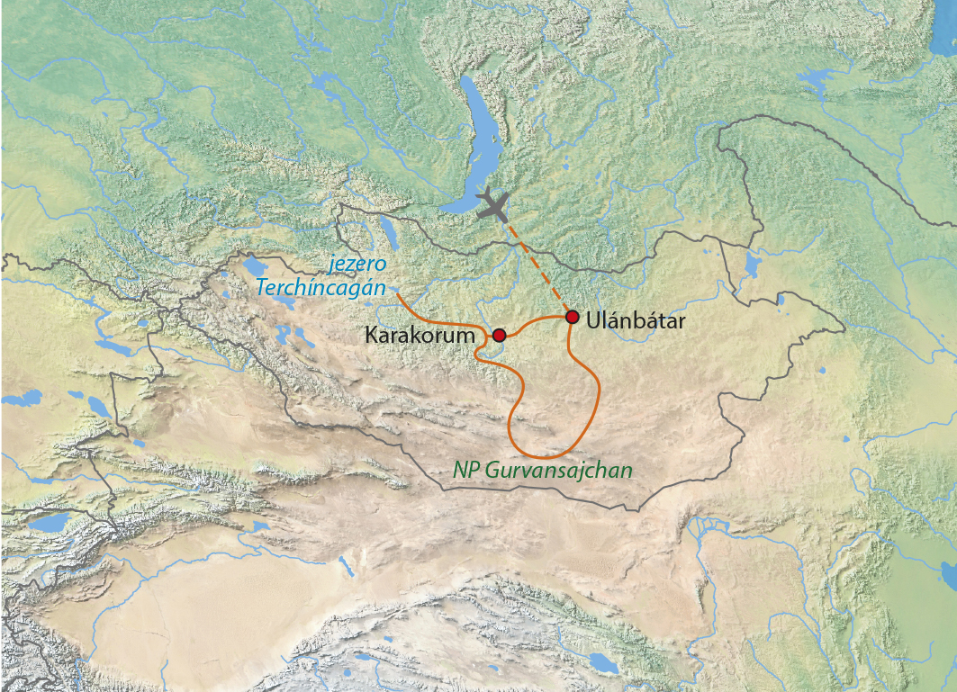 Mapa trasy zájezdu Mongolsko - země pastevců