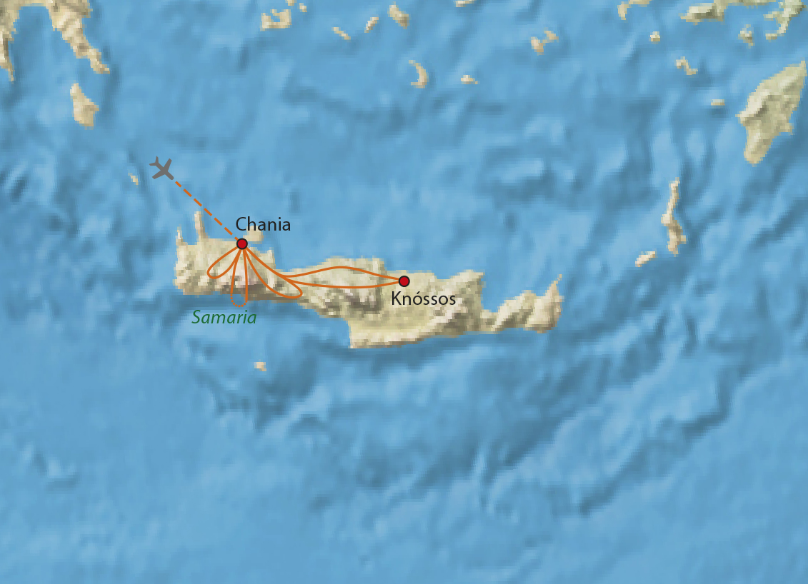 Mapa trasy zájezdu Moře a soutěsky Kréty