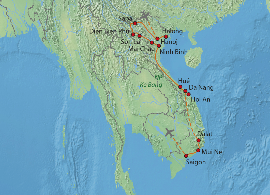 Mapa trasy zájezdu Napříč Vietnamem