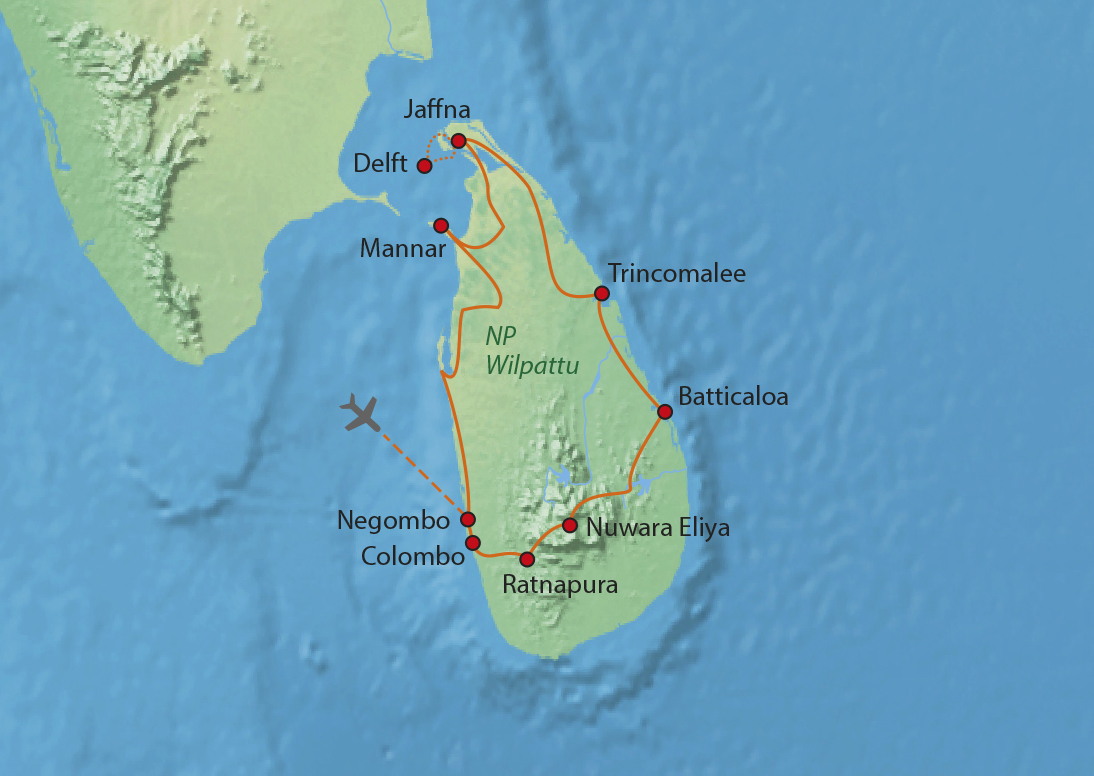 Mapa trasy zájezdu Neobjevené krásy Srí Lanky