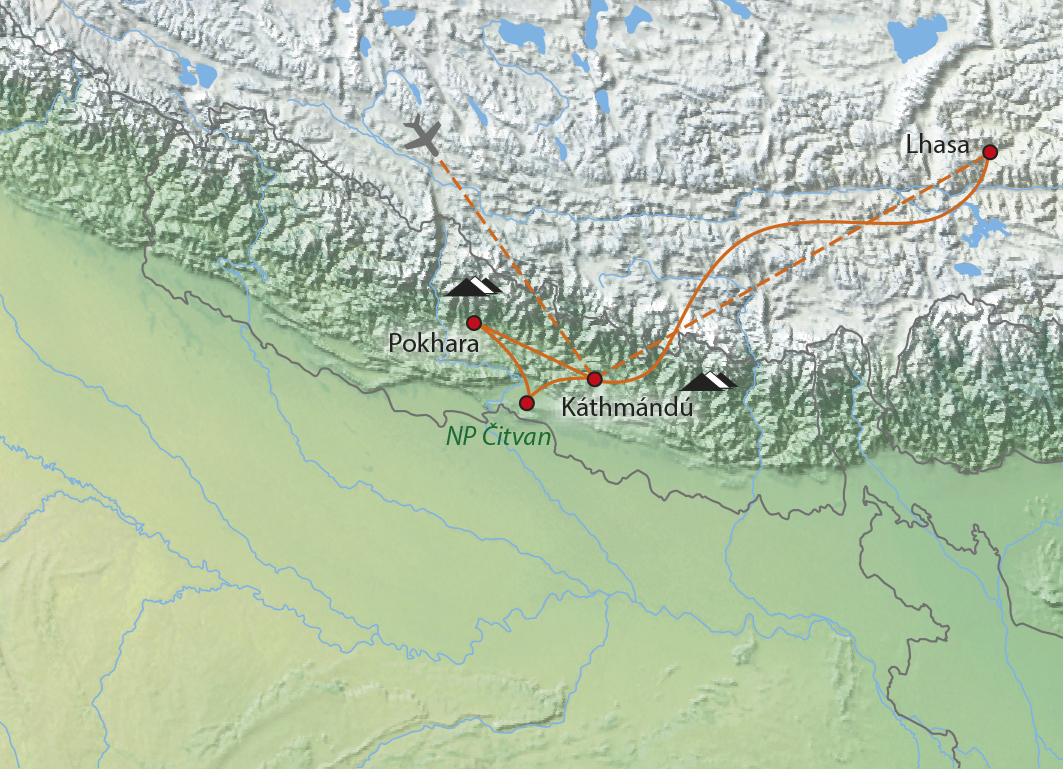 Mapa trasy zájezdu Nepál pro každého s Tibetem