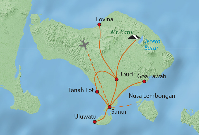 Mapa trasy zájezdu Ostrov bohů Bali